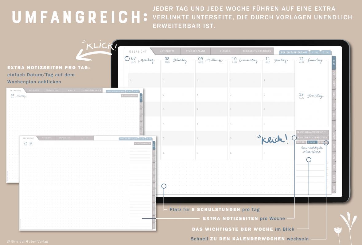 Detailansicht Wochenplanung, digitaler Lehrerkalender 2023 2024 mit extra Notizseiten für jeden Tag und jede Woche